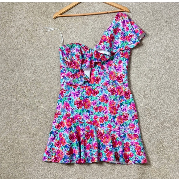 Amanda Uprichard Mini Dress One Shoulder Floral Watercolor Cotton Size Large - Picture 7 of 16